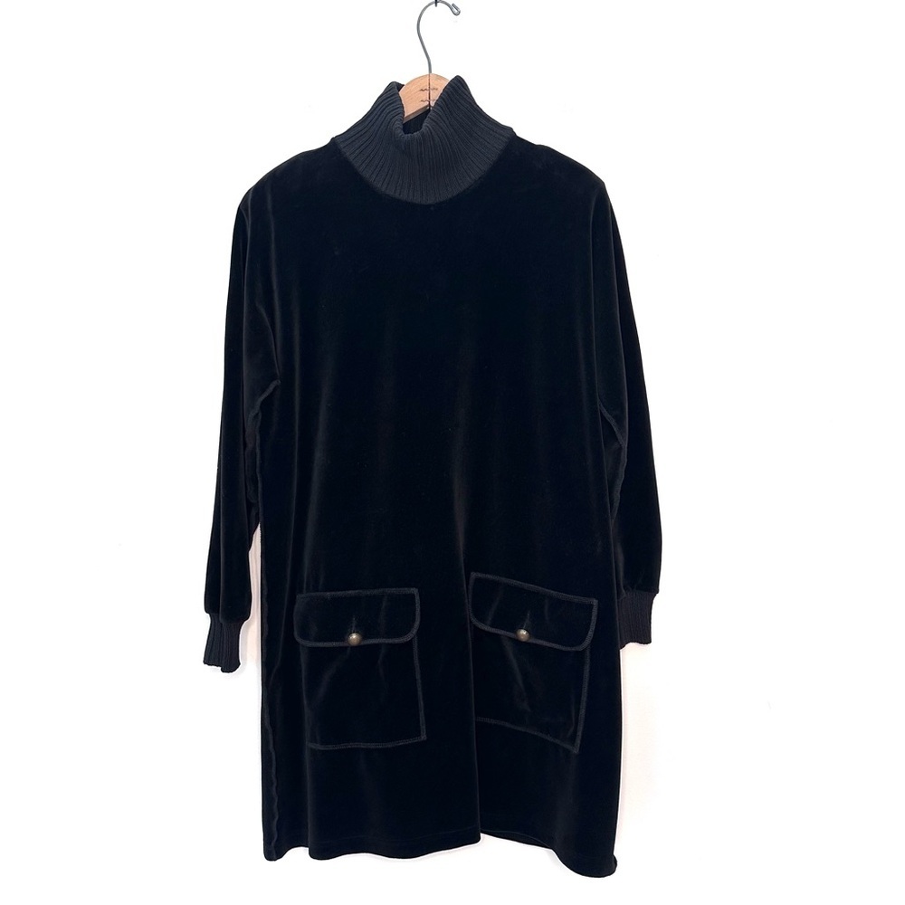 Sonia Rykiel Black Velour Ribbed Turtleneck Cuffs Patch Pocket Dress Size Small